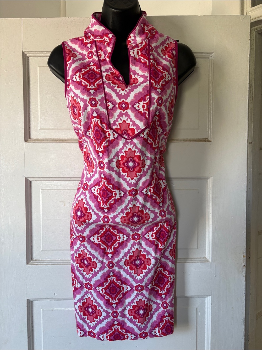 Kensie Cotton Sleeveless Pink Geo-Print Sheath Dress